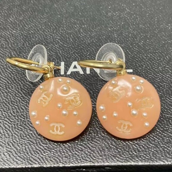 CHANEL CC Logos Pearl Round Hoop Earrings Gold Tone 03P Auth w/Box D-l1145 - Picture 1 of 16